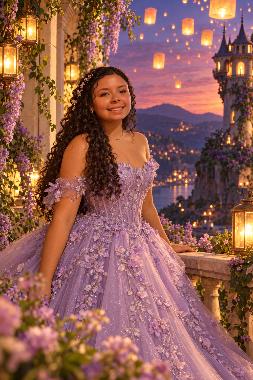 Luíza em vestido lilás, cenário encantado